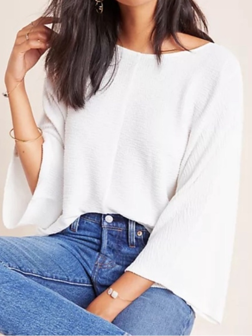 Maeve White Textured Boatneck Top with Wide Sleeves